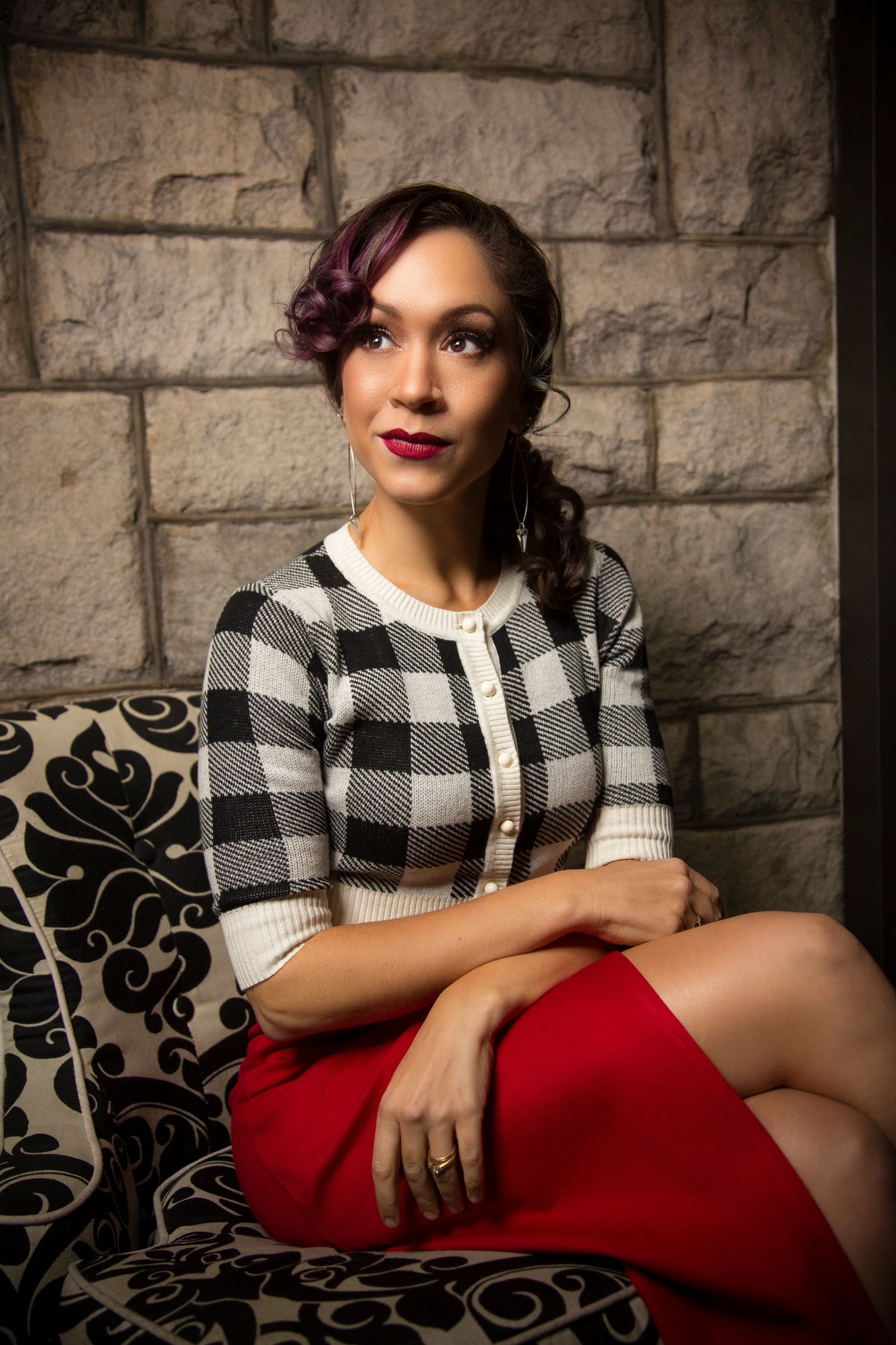 Pin-up styling, purple streak, gingham cardigan
